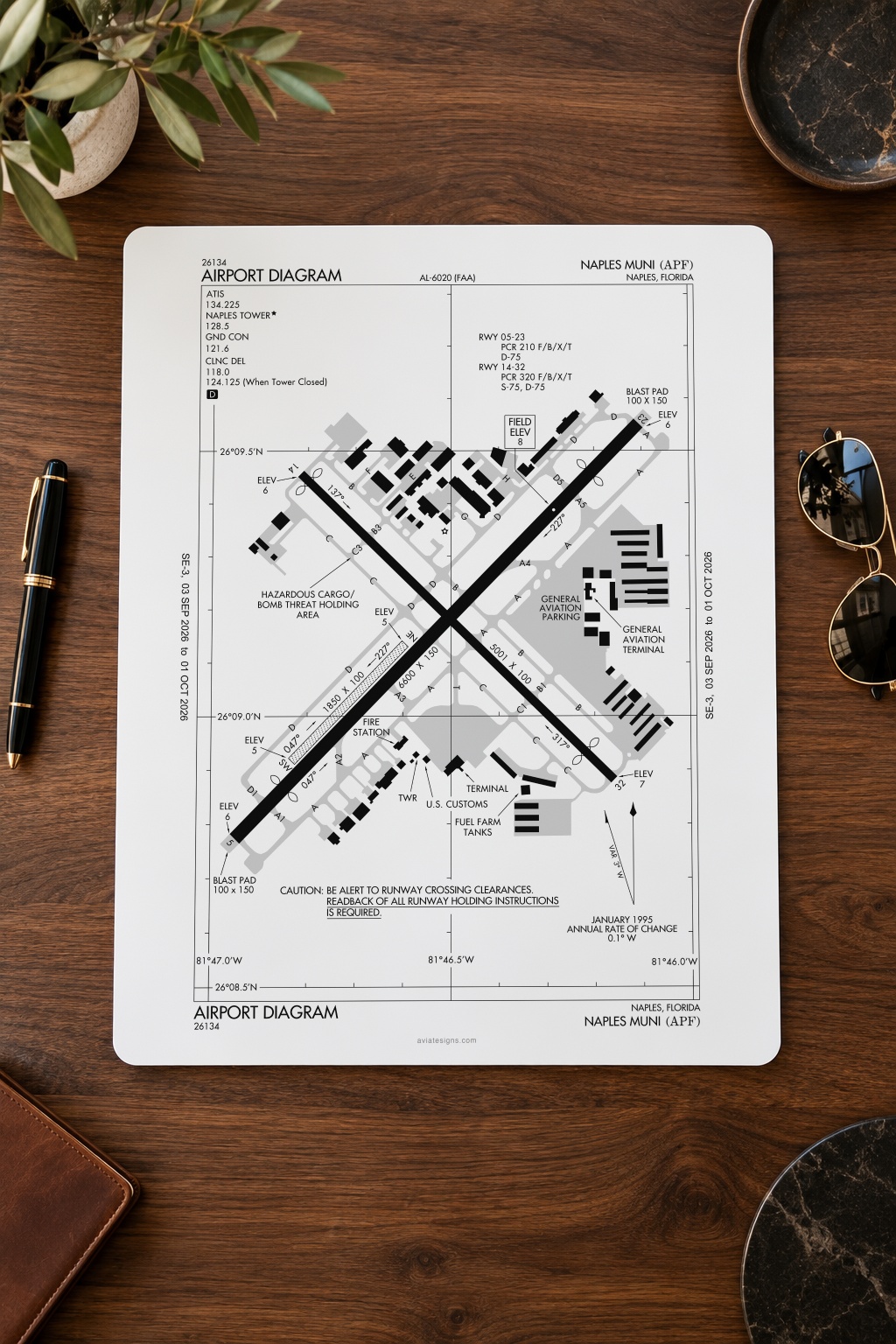 KAPF airport diagram sign laid flat on a desk with a pen and sunglasses